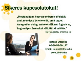 Sikeres kapcsolatokat!
     „Megtanultam, hogy az emberek elfelejtik,
     amit mondasz, és elfelejtik, amit teszel.
     Az egyetlen dolog, amire emlékezni fognak az,
     hogy milyen érzéseket váltottál ki belőlük.”
                            Maya Angelou amerikai író



                              Katona Erzsébet
                              06-30-58-58-197
                            Email: trening@alitera.hu
                                www.alitera.hu

                                                    29
 
