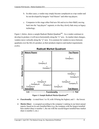 Corporate Web Security - Market Quadrant 2011



                         b. In other cases, a vendor may simply become complacent as a top vendor and
                            be out-developed by hungrier “trail blazers” and other top players.


                         c. Companies in this stage either find new life and revive their R&D, moving
                            back into the “top players” segment, or else they slowly fade away as legacy
                            technology.


Figure 1, below, shows a sample Radicati Market QuadrantSM. As a vendor continues to
develop its product, it will move horizontally along the “x” axis. As market share changes,
vendors move vertically along the “y” axis. It is common for vendors to move between
quadrants over the life of a product, as their products improve and market requirements
evolve.
                                         Radicati Market Quadrant
          High




                          Mature Players                                          Top Players

                                                                                 
                                                                              Company L

                                               
                                            Company Z
          Market Share




                                                    
                                                 Company Y

                                                                                    
                                                                                 Company J
                                                                                       
                                                                                   Company H

                                                                            
                                     
                                        Company D                         Company F      
                                 Company B                                      Company G
                                             Company C            
          Low




                            Company A                           Company E
                          Specialists                                            Trail Blazers
                            Low                       Functionality                       High

                                    Figure 1: Sample Radicati Market QuadrantSM

       Functionality – is rated from 1 to 10, with 10 being the highest, and 1 – the lowest.

       Market Share – is assigned according to the company’s ranking in our latest annual
        reports, based on its user Installed Base (e.g. the company with the largest installed
        base market share is number 1, the one with the second largest installed base market
        share is number 2, etc.)



Copyright © April 2011 The Radicati Group, Inc. Reproduction Prohibited                              4
 