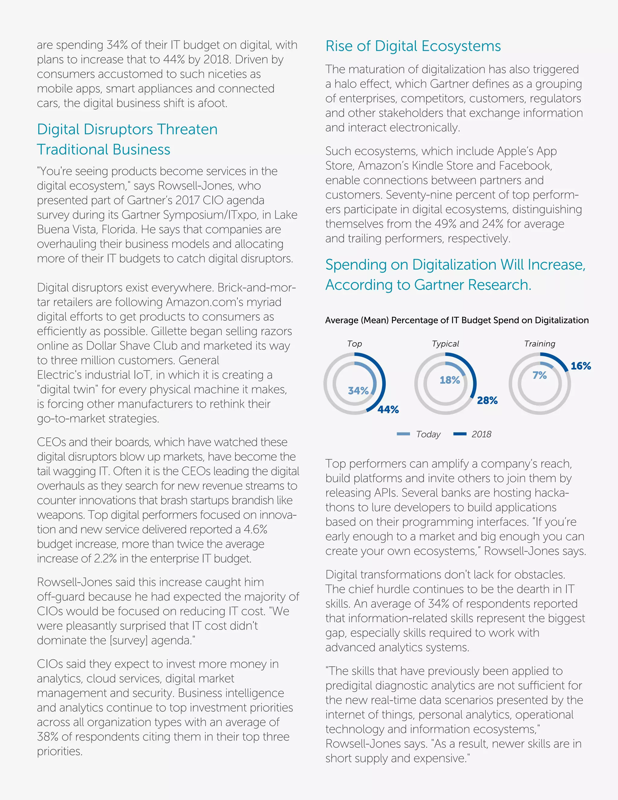 are spending 34% of their IT budget on digital, with
plans to increase that to 44% by 2018. Driven by
consumers accustomed to such niceties as
mobile apps, smart appliances and connected
cars, the digital business shift is afoot.
Digital Disruptors Threaten
Traditional Business
"You're seeing products become services in the
digital ecosystem," says Rowsell-Jones, who
presented part of Gartner’s 2017 CIO agenda
survey during its Gartner Symposium/ITxpo, in Lake
Buena Vista, Florida. He says that companies are
overhauling their business models and allocating
more of their IT budgets to catch digital disruptors.
Digital disruptors exist everywhere. Brick-and-mor-
tar retailers are following Amazon.com's myriad
digital efforts to get products to consumers as
efficiently as possible. Gillette began selling razors
online as Dollar Shave Club and marketed its way
to three million customers. General
Electric's industrial IoT, in which it is creating a
"digital twin" for every physical machine it makes,
is forcing other manufacturers to rethink their
go-to-market strategies.
CEOs and their boards, which have watched these
digital disruptors blow up markets, have become the
tail wagging IT. Often it is the CEOs leading the digital
overhauls as they search for new revenue streams to
counter innovations that brash startups brandish like
weapons. Top digital performers focused on innova-
tion and new service delivered reported a 4.6%
budget increase, more than twice the average
increase of 2.2% in the enterprise IT budget.
Rowsell-Jones said this increase caught him
off-guard because he had expected the majority of
CIOs would be focused on reducing IT cost. "We
were pleasantly surprised that IT cost didn't
dominate the [survey] agenda."
CIOs said they expect to invest more money in
analytics, cloud services, digital market
management and security. Business intelligence
and analytics continue to top investment priorities
across all organization types with an average of
38% of respondents citing them in their top three
priorities.
Rise of Digital Ecosystems
The maturation of digitalization has also triggered
a halo effect, which Gartner deﬁnes as a grouping
of enterprises, competitors, customers, regulators
and other stakeholders that exchange information
and interact electronically.
Such ecosystems, which include Apple’s App
Store, Amazon’s Kindle Store and Facebook,
enable connections between partners and
customers. Seventy-nine percent of top perform-
ers participate in digital ecosystems, distinguishing
themselves from the 49% and 24% for average
and trailing performers, respectively.
Spending on Digitalization Will Increase,
According to Gartner Research.
Top performers can amplify a company’s reach,
build platforms and invite others to join them by
releasing APIs. Several banks are hosting hacka-
thons to lure developers to build applications
based on their programming interfaces. “If you’re
early enough to a market and big enough you can
create your own ecosystems,” Rowsell-Jones says.
Digital transformations don't lack for obstacles.
The chief hurdle continues to be the dearth in IT
skills. An average of 34% of respondents reported
that information-related skills represent the biggest
gap, especially skills required to work with
advanced analytics systems.
"The skills that have previously been applied to
predigital diagnostic analytics are not sufficient for
the new real-time data scenarios presented by the
internet of things, personal analytics, operational
technology and information ecosystems,"
Rowsell-Jones says. "As a result, newer skills are in
short supply and expensive."
Top Typical Training
34%
44%
28%
16%
18% 7%
Average (Mean) Percentage of IT Budget Spend on Digitalization
Today 2018
 