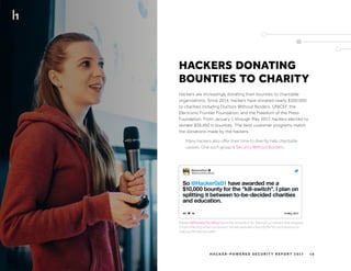 H AC K E R O N E H AC K E R - P O W E R E D S E C U R I T Y R E P O R T 2 017 16
HACKERS DONATING
BOUNTIES TO CHARITY
Hackers are increasingly donating their bounties to charitable
organizations. Since 2014, hackers have donated nearly $100,000
to charities including Doctors Without Borders, UNICEF, the
Electronic Frontier Foundation, and the Freedom of the Press
Foundation. From January 1 through May 2017, hackers elected to
donate $39,450 in bounties. The best customer programs match
the donations made by the hackers.
Hacker @MalwareTechBlog found the ‘kill switch’ for WannaCry malware that stopped
it from infecting other computers. He was awarded a bounty for his contributions to
making the internet safer.
Many hackers also offer their time to directly help charitable
causes. One such group is Security Without Borders.
 