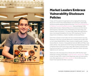 H AC K E R - P O W E R E D S E C U R I T Y R E P O R T 2 017H AC K E R O N E
Market Leaders Embrace
Vulnerability Disclosure
Policies
Today, with thousands of organizations encouraging ethical hacking,
94 percent of the Forbes Global 2000 do not have known vulnerability
disclosure policies despite guidance from the United States Department
of Defense, Food and Drug Administration, National Highway Traffic
Safety Administration, National Telecommunications and Information
Administration, National Institute of Standards and Technology, and
Federal Trade Commission — to name a few. Nearly 200 organizations
rely on the HackerOne platform for their VDP, including the The U.S.
Department of Defense, LinkedIn, NewRelic and General Motors.
Given the increased concern about IoT and connected device security,
Panasonic is the only consumer electronics company with a public VDP
on the Forbes Global 2000 list. Major industry conglomerates, including
General Electric, Siemens, Honeywell International, ABB, and Philips, have
public policies. Over 50 percent of the Forbes top software/programming
companies have a VDP and in many cases offer hackers incentives with
bug bounty programs, including Microsoft, Snapchat, Adobe, Symantec,
Salesforce.com, and Intuit.
Starbucks is the only restaurant on the list with a VDP. Another major
restaurant company, McDonald’s, made the news in January 2017 due to
its lack of a clear VDP. In retail, Home Depot also does not have a policy,
even after agreeing to a $25 million settlement for its 2014 security
breach that impacted 50 million customers.
19
 