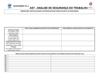 AST - ANALISE DE SEGURANÇA DO TRABALHO
OBSERVAÇÃO: ANTES DE INICIAR A ATIVIDADE REALIZAR TODOS OS CHECK-LIST NECESSÁRIOS

Qual é a pior conseqüência possível dos riscos identificados?

Qual medida de controle previne essa conseqüência?

Segurança / Saúde
(ex. explosão, morte,
ferimento, lesão)
Meio Ambiente
(ex. emissão gasosa,
contaminação solo,
contaminação do rio)
Equipamento/Instrumento
(ex. travamento, corrosão,
rompimento, curto-circuito)
Processo
(ex. refugo, produto fora da
especificação, parada)
Minha assinatura abaixo significa que estou ciente dos riscos existentes e das medidas preventivas de controle dos riscos.
01
02
03
04
05
06
07
08
09
10

 