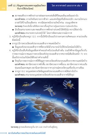 โลก ดาราศาสตร์ และอวกาศ เล่ม 4
บทที่ 12 | ข้อมูลสารสนเทศทางอุตุนิยมวิทยา
กับการใช้ประโยชน์
108
สถาบันส่งเสริมการสอนวิทยาศาสตร์และเทคโนโลยี
		 	สภาพลมฟ้าอากาศดังกล่าวอาจส่งผลกระทบต่อสิ่งมีชีวิตและสิ่งแวดล้อมอย่างไร
			 แนวค�ำตอบ อาจเกิดอันตรายจากฟ้าผ่า และเศษวัสดุหรือสิ่งของปลิว ลมกระโชกแรง
			 อาจท�ำให้บ้านเรือนเสียหาย หากมีฝนตกหนักอาจเกิดน�้ำท่วม ถนนถูกตัดขาด	
		 	 หมายเหตุ ค�ำตอบข้อนี้อาจมีได้หลากหลายขึ้นอยู่กับความรู้และประสบการณ์ของนักเรียน
		 	นักเรียนสามารถทราบสภาพลมฟ้าอากาศดังกล่าวล่วงหน้าได้หรือไม่ ทราบได้อย่างไร		
			 แนวค�ำตอบ สามารถทราบล่วงหน้าได้ โดยการติดตามพยากรณ์อากาศ
	 3.	ครูให้นักเรียนสังเกตรูป 12.1 จากนั้นให้นักเรียนอภิปรายตามความคิดตนเอง ตามประเด็น
		 ดังต่อไปนี้
	 	จากรูป มีการตรวจวัดองค์ประกอบลมฟ้าอากาศแหล่งใดบ้าง
		 	ข้อมูลองค์ประกอบลมฟ้าอากาศที่ตรวจวัดได้ สามารถน�ำไปใช้ประโยชน์อะไรได้บ้าง
	 4.	ครูให้นักเรียนสืบค้นข้อมูลเพื่อหาค�ำตอบส�ำหรับประเด็นข้างต้น รวมถึงศึกษาข้อมูลเกี่ยวกับ
		 การพยากรณ์อากาศและการตรวจวัดองค์ประกอบลมฟ้าอากาศจากหนังสือเรียนหน้า 71 จาก
		 นั้นอภิปรายร่วมกันโดยใช้ตัวอย่างค�ำถามดังนี้
		 	ปัจจุบันการพยากรณ์อากาศใช้ข้อมูลการตรวจวัดองค์ประกอบลมฟ้าอากาศจากแหล่งใดบ้าง
			 แนวค�ำตอบ สถานีตรวจอากาศผิวพื้น สถานีตรวจอากาศชั้นบน สถานีตรวจอากาศบนเรือ
			 ทุ่นลอยในมหาสมุทร สถานีเรดาร์ตรวจอากาศ อุปกรณ์ตรวจวัดบนเครื่องบิน ดาวเทียม
		 	จากรูป 10.1 ระบุแหล่งตรวจวัดข้อมูลองค์ประกอบลมฟ้าอากาศได้อย่างไรบ้าง
			 แนวค�ำตอบ สามารถระบุแหล่งตรวจวัดองค์ประกอบลมฟ้าอากาศได้ดังรูป
หมายเหตุ ดูรายละเอียดของรูปใน QR code ประจ�ำบทในคู่มือครู
 