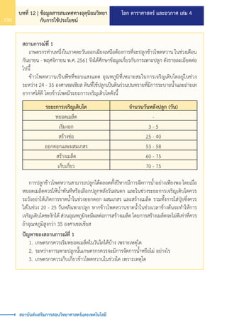 โลก ดาราศาสตร์ และอวกาศ เล่ม 4
บทที่ 12 | ข้อมูลสารสนเทศทางอุตุนิยมวิทยา
กับการใช้ประโยชน์
150
สถาบันส่งเสริมการสอนวิทยาศาสตร์และเทคโนโลยี
สถานการณ์ที่ 1
	 เกษตรกรท่านหนึ่งในภาคตะวันออกเฉียงเหนือต้องการที่จะปลูกข้าวโพดหวาน ในช่วงเดือน
กันยายน - พฤศจิกายน พ.ศ. 2561 จึงได้ศึกษาข้อมูลเกี่ยวกับการเพาะปลูก ดังรายละเอียดต่อ
ไปนี้
	 ข้าวโพดหวานเป็นพืชที่ชอบแสงแดด อุณหภูมิที่เหมาะสมในการเจริญเติบโตอยู่ในช่วง
ระหว่าง 24 - 35 องศาเซลเซียส ดินที่ใช้ปลูกเป็นดินร่วนปนทรายที่มีการระบายน�้ำและถ่ายเท
อากาศได้ดี โดยข้าวโพดมีระยะการเจริญเติบโตดังนี้
ระยะการเจริญเติบโต จ�ำนวนวันหลังปลูก (วัน)
หยอดเมล็ด -
เริ่มงอก 3 - 5
สร้างช่อ 25 - 40
ออกดอกและผสมเกสร 53 - 58
สร้างเมล็ด 60 - 75
เก็บเกี่ยว 70 - 75
	 การปลูกข้าวโพดหวานสามารถปลูกได้ตลอดทั้งปีหากมีการจัดการน�้ำอย่างเพียงพอ โดยเมื่อ
หยอดเมล็ดควรให้น�้ำทันทีหรือเลือกปลูกหลังวันฝนตก และในช่วงระยะการเจริญเติบโตควร
ระวังอย่าให้เกิดการขาดน�้ำในช่วงออกดอก ผสมเกสร และสร้างเมล็ด รวมทั้งการใส่ปุ๋ยซึ่งควร
ใส่ในช่วง 20 - 25 วันหลังเพาะปลูก หากข้าวโพดหวานขาดน�้ำในช่วงเวลาข้างต้นจะท�ำให้การ
เจริญเติบโตชะงักได้ ส่วนอุณหภูมิจะมีผลต่อการสร้างเมล็ด โดยการสร้างเมล็ดจะไม่ดีเท่าที่ควร
ถ้าอุณหภูมิสูงกว่า 35 องศาเซลเซียส
ปัญหาของสถานการณ์ที่ 1
	 1.	เกษตรกรควรเริ่มหยอดเมล็ดในวันใดได้บ้าง เพราะเหตุใด
	 2.	ระหว่างการเพาะปลูกนั้นเกษตรกรควรจะมีการจัดการน�้ำหรือไม่ อย่างไร
	 3.	เกษตรกรควรเก็บเกี่ยวข้าวโพดหวานในช่วงใด เพราะเหตุใด
 