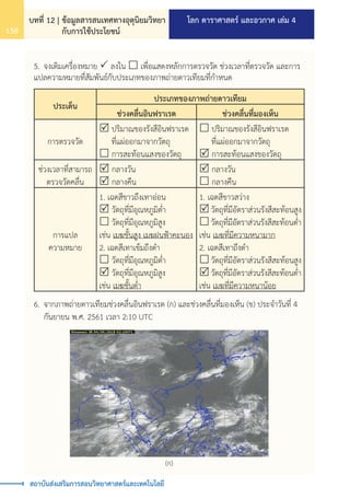 โลก ดาราศาสตร์ และอวกาศ เล่ม 4
บทที่ 12 | ข้อมูลสารสนเทศทางอุตุนิยมวิทยา
กับการใช้ประโยชน์
158
สถาบันส่งเสริมการสอนวิทยาศาสตร์และเทคโนโลยี
5.	จงเติมเครื่องหมาย  ลงใน  เพื่อแสดงหลักการตรวจวัด ช่วงเวลาที่ตรวจวัด และการ
แปลความหมายที่สัมพันธ์กับประเภทของภาพถ่ายดาวเทียมที่ก�ำหนด
ประเด็น
ประเภทของภาพถ่ายดาวเทียม
ช่วงคลื่นอินฟราเรด ช่วงคลื่นที่มองเห็น
การตรวจวัด
 ปริมาณของรังสีอินฟราเรด
ที่แผ่ออกมาจากวัตถุ
 การสะท้อนแสงของวัตถุ
 ปริมาณของรังสีอินฟราเรด
ที่แผ่ออกมาจากวัตถุ
 การสะท้อนแสงของวัตถุ
ช่วงเวลาที่สามารถ
ตรวจวัดคลื่น
 กลางวัน
 กลางคืน	
 กลางวัน
 กลางคืน
การแปล
ความหมาย
1. เฉดสีขาวถึงเทาอ่อน
 วัตถุที่มีอุณหภูมิต�่ำ
 วัตถุที่มีอุณหภูมิสูง
เช่น เมฆชั้นสูง เมฆฝนฟ้าคะนอง
2. เฉดสีเทาเข้มถึงด�ำ
 วัตถุที่มีอุณหภูมิต�่ำ
 วัตถุที่มีอุณหภูมิสูง
เช่น เมฆชั้นต�่ำ
1. เฉดสีขาวสว่าง
 วัตถุที่มีอัตราส่วนรังสีสะท้อนสูง
วัตถุที่มีอัตราส่วนรังสีสะท้อนต�่ำ
เช่น เมฆที่มีความหนามาก
2. เฉดสีเทาถึงด�ำ
 วัตถุที่มีอัตราส่วนรังสีสะท้อนสูง
วัตถุที่มีอัตราส่วนรังสีสะท้อนต�่ำ
เช่น เมฆที่มีความหนาน้อย
6.	จากภาพถ่ายดาวเทียมช่วงคลื่นอินฟราเรด (ก) และช่วงคลื่นที่มองเห็น (ข) ประจ�ำวันที่ 4
	 กันยายน พ.ศ. 2561 เวลา 2:10 UTC
(ก)
 