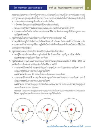 โลก ดาราศาสตร์ และอวกาศ เล่ม 6 บทที่ 18 | ต�ำแหน่งปรากฏของดาวเคราะห์ 87
สถาบันส่งเสริมการสอนวิทยาศาสตร์และเทคโนโลยี
ดวงอาทิตย์และคาบการโคจรที่แตกต่างกัน และในตอนที่ 2 ก�ำหนดให้ดวงอาทิตย์และดาวศุกร์
ปรากฏบนระนาบศูนย์สูตรฟ้า ทั้งนี้การโคจรของดาวเคราะห์วงในที่เกิดขึ้นจริงในธรรมชาติ เป็นดังนี้
	 •	 ระนาบวงโคจรของดาวศุกร์และโลกท�ำมุมกันเล็กน้อย
	 •	 วงโคจรของโลกและดาวศุกร์เป็นวงรีที่มีความรีที่แตกต่างกัน
	 •	 โลกและดาวศุกร์มีความเร็วในการเคลื่อนที่แตกต่างกันไปตามต�ำแหน่งในวงโคจร
	 •	 แกนหมุนของโลกไม่ตั้งฉากกับระนาบวงโคจร ท�ำให้ดวงอาทิตย์และดาวศุกร์ไม่ปรากฏบนระนาบ
ศูนย์สูตรฟ้าเสมอไป
7.	ครูให้ความรู้เกี่ยวกับการเรียกชื่อดาวศุกร์ที่แตกต่างกันตามช่วงเวลา ดังนี้
	 ดาวศุกร์ที่ปรากฏให้เห็นในช่วงเช้ามืดเหนือขอบฟ้าด้านตะวันออกจะมีชื่อเรียกเฉพาะว่า
ดาวประกายพรึก ส่วนดาวศุกร์ที่ปรากฏให้เห็นในช่วงหัวค�่ำเหนือขอบฟ้าด้านตะวันตกจะมีชื่อเรียก
เฉพาะว่า ดาวประจ�ำเมือง
8.	ครูตรวจสอบความเข้าใจนักเรียน โดยใช้ค�ำถามในหนังสือเรียนหน้า 61
	 •	 หากผู้สังเกตบนโลกมองเห็นดาวพุธในช่วงเช้ามืด ในขณะนั้นดาวพุธมีมุมห่างไปทางทิศใด
		 แนวค�ำตอบ ดาวพุธมีมุมห่างไปทางตะวันตก
9.	ครูให้นักเรียนพิจารณา แผนภาพแสดงมุมห่างของดาวเคราะห์วงในในช่วงปีพ.ศ. 2562 - 2563 ใน
หนังสือเรียนหน้า 60 แล้วอภิปรายร่วมกันโดยใช้ค�ำถามดังนี้
	 •	 จากกราฟที่ก�ำหนดให้ ดาวศุกร์มีค่ามุมห่างสูงสุดไปทางตะวันออกประมาณกี่องศา และมี
ค่ามุมห่างสูงสุดไปทางตะวันตกประมาณกี่องศา
		 แนวค�ำตอบ ประมาณ 46 องศา ทั้งทางตะวันออกและทางตะวันตก
	 •	 จากกราฟที่ก�ำหนดให้ ดาวพุธมีค่ามุมห่างสูงสุดไปทางตะวันออกประมาณกี่องศา และมี
ค่ามุมห่างสูงสุดไปทางตะวันตกประมาณกี่องศา
		 แนวค�ำตอบ มีค่ามุมห่างสูงสุดไปทางตะวันออกประมาณ 26 องศา และมีค่ามุมห่างสูงสุดไป
ทางตะวันตกประมาณ 28 องศา
	 	 หมายเหตุ วงโคจรจรของดาวพุธมีความรีมากและมีการบิดไปเรื่อย ๆ ขณะโคจรรอบดวงอาทิตย์ ดังรูป ส่งผล
ให้มุมห่างสูงสุดไปทางตะวันออกและตะวันตกของดาวพุธมีค่าไม่เท่ากัน
โลก
ดาวพุธ
ดาวพุธ
โลก
ดาวพุธ
ดาวพุธ
โลก
ดาวพุธ
ดาวพุธ
 