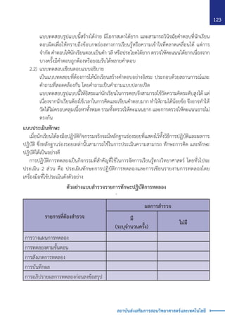 123
สถาบันส่งเสริมการสอนวิทยาศาสตร์และเทคโนโลยี
		 แบบทดสอบรูปแบบนี้สร้างได้ง่าย มีโอกาสเดาได้ยาก และสามารถวินิจฉัยค�ำตอบที่นักเรียน
ตอบผิดเพื่อให้ทราบถึงข้อบกพร่องทางการเรียนรู้หรือความเข้าใจที่คลาดเคลื่อนได้ แต่การ
จ�ำกัด ค�ำตอบให้นักเรียนตอบเป็นค�ำ วลี หรือประโยคได้ยาก ตรวจให้คะแนนได้ยากเนื่องจาก
บางครั้งมีค�ำตอบถูกต้องหรือยอมรับได้หลายค�ำตอบ
	 2.2)	แบบทดสอบเขียนตอบแบบอธิบาย
		 เป็นแบบทดสอบที่ต้องการให้นักเรียนสร้างค�ำตอบอย่างอิสระ ประกอบด้วยสถานการณ์และ
ค�ำถามที่สอดคล้องกัน โดยค�ำถามเป็นค�ำถามแบบปลายเปิด
		 แบบทดสอบรูปแบบนี้ให้อิสระแก่นักเรียนในการตอบจึงสามารถใช้วัดความคิดระดับสูงได้ แต่
เนื่องจากนักเรียนต้องใช้เวลาในการคิดและเขียนค�ำตอบมาก ท�ำให้ถามได้น้อยข้อ จึงอาจท�ำให้
วัดได้ไม่ครอบคลุมเนื้อหาทั้งหมด รวมทั้งตรวจให้คะแนนยาก และการตรวจให้คะแนนอาจไม่
ตรงกัน
แบบประเมินทักษะ
	 เมื่อนักเรียนได้ลงมือปฏิบัติกิจกรรมจริงจะมีหลักฐานร่องรอยที่แสดงไว้ทั้งวิธีการปฏิบัติและผลการ
ปฏิบัติ ซึ่งหลักฐานร่องรอยเหล่านั้นสามารถใช้ในการประเมินความสามารถ ทักษะการคิด และทักษะ
ปฏิบัติได้เป็นอย่างดี
	 การปฏิบัติการทดลองเป็นกิจกรรมที่ส�ำคัญที่ใช้ในการจัดการเรียนรู้ทางวิทยาศาสตร์ โดยทั่วไปจะ
ประเมิน 2 ส่วน คือ ประเมินทักษะการปฏิบัติการทดลองและการเขียนรายงานการทดลองโดย
เครื่องมือที่ใช้ประเมินดังตัวอย่าง
ตัวอย่างแบบส�ำรวจรายการทักษะปฏิบัติการทดลอง
ˇ
รายการที่ต้องส�ำรวจ
ผลการส�ำรวจ
มี
(ระบุจ�ำนวนครั้ง)
ไม่มี
การวางแผนการทดลอง
การทดลองตามขั้นตอน
การสังเกตการทดลอง
การบันทึกผล
การอภิปรายผลการทดลองก่อนลงข้อสรุป
 