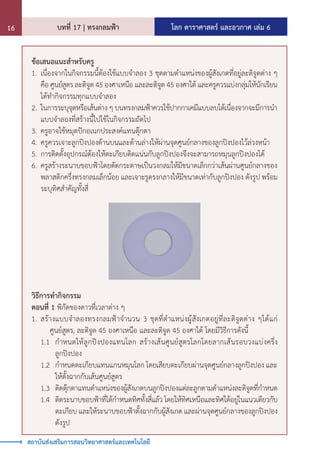 โลก ดาราศาสตร์ และอวกาศ เล่ม 6
บทที่ 17 | ทรงกลมฟ้า
16
สถาบันส่งเสริมการสอนวิทยาศาสตร์และเทคโนโลยี
ข้อเสนอแนะส�ำหรับครู
1.	เนื่องจากในกิจกรรมนี้ต้องใช้แบบจ�ำลอง 3 ชุดตามต�ำแหน่งของผู้สังเกตที่อยู่ละติจูดต่าง ๆ
คือ ศูนย์สูตร ละติจูด 45 องศาเหนือ และละติจูด 45 องศาใต้ และครูควรแบ่งกลุ่มให้นักเรียน
ได้ท�ำกิจกรรมทุกแบบจ�ำลอง
2.	ในการระบุจุดหรือเส้นต่าง ๆ บนทรงกลมฟ้าควรใช้ปากกาเคมีแบบลบได้เนื่องจากจะมีการน�ำ
แบบจ�ำลองที่สร้างนี้ไปใช้ในกิจกรรมถัดไป
3.	ครูอาจใช้หมุดปักอเนกประสงค์แทนตุ๊กตา
4.	ครูควรเจาะลูกปิงปองด้านบนและด้านล่างให้ผ่านจุดศูนย์กลางของลูกปิงปองไว้ล่วงหน้า
5.	การติดตั้งอุปกรณ์ต้องให้ตะเกียบติดแน่นกับลูกปิงปองจึงจะสามารถหมุนลูกปิงปองได้
6.	ครูสร้างระนาบขอบฟ้าโดยตัดกระดาษเป็นวงกลมให้มีขนาดเล็กกว่าเส้นผ่านศูนย์กลางของ
พลาสติกครึ่งทรงกลมเล็กน้อย และเจาะรูตรงกลางให้มีขนาดเท่ากับลูกปิงปอง ดังรูป พร้อม
ระบุทิศส�ำคัญทั้งสี่
วิธีการท�ำกิจกรรม
ตอนที่ 1 พิกัดของดาวที่เวลาต่าง ๆ
1.	สร้างแบบจ�ำลองทรงกลมฟ้าจ�ำนวน 3 ชุดที่ต�ำแหน่งผู้สังเกตอยู่ที่ละติจูดต่าง ๆได้แก่
ศูนย์สูตร, ละติจูด 45 องศาเหนือ และละติจูด 45 องศาใต้ โดยมีวิธีการดังนี้
	 1.1	 ก�ำหนดให้ลูกปิงปองแทนโลก สร้างเส้นศูนย์สูตรโลกโดยลากเส้นรอบวงแบ่งครึ่ง
ลูกปิงปอง
	 1.2	 ก�ำหนดตะเกียบแทนแกนหมุนโลก โดยเสียบตะเกียบผ่านจุดศูนย์กลางลูกปิงปอง และ
ให้ตั้งฉากกับเส้นศูนย์สูตร
	 1.3	 ติดตุ๊กตาแทนต�ำแหน่งของผู้สังเกตบนลูกปิงปองแต่ละลูกตามต�ำแหน่งละติจูดที่ก�ำหนด
	 1.4	 ติดระนาบขอบฟ้าที่ได้ก�ำหนดทิศทั้งสี่แล้ว โดยให้ทิศเหนือและทิศใต้อยู่ในแนวเดียวกับ
ตะเกียบ และให้ระนาบขอบฟ้าตั้งฉากกับผู้สังเกต และผ่านจุดศูนย์กลางของลูกปิงปอง
ดังรูป
 