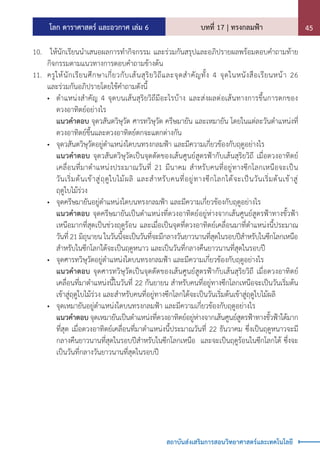 โลก ดาราศาสตร์ และอวกาศ เล่ม 6 บทที่ 17 | ทรงกลมฟ้า 45
สถาบันส่งเสริมการสอนวิทยาศาสตร์และเทคโนโลยี
10.	 ให้นักเรียนน�ำเสนอผลการท�ำกิจกรรม และร่วมกันสรุปและอภิปรายผลพร้อมตอบค�ำถามท้าย
กิจกรรมตามแนวทางการตอบค�ำถามข้างต้น
11.	 ครูให้นักเรียนศึกษาเกี่ยวกับเส้นสุริยวิถีและจุดส�ำคัญทั้ง 4 จุดในหนังสือเรียนหน้า 26
และร่วมกันอภิปรายโดยใช้ค�ำถามดังนี้
	 •	 ต�ำแหน่งส�ำคัญ 4 จุดบนเส้นสุริยวิถีมีอะไรบ้าง และส่งผลต่อเส้นทางการขึ้นการตกของ
ดวงอาทิตย์อย่างไร
		 แนวค�ำตอบ จุดวสันตวิษุวัต ศารทวิษุวัต ครีษมายัน และเหมายัน โดยในแต่ละวันต�ำแหน่งที่
ดวงอาทิตย์ขึ้นและดวงอาทิตย์ตกจะแตกต่างกัน
	 •	 จุดวสันตวิษุวัตอยู่ต�ำแหน่งใดบนทรงกลมฟ้า และมีความเกี่ยวข้องกับฤดูอย่างไร
		 แนวค�ำตอบ จุดวสันตวิษุวัตเป็นจุดตัดของเส้นศูนย์สูตรฟ้ากับเส้นสุริยวิถี เมื่อดวงอาทิตย์
เคลื่อนที่มาต�ำแหน่งประมาณวันที่ 21 มีนาคม ส�ำหรับคนที่อยู่ทางซีกโลกเหนือจะเป็น
วันเริ่มต้นเข้าสู่ฤดูใบไม้ผลิ และส�ำหรับคนที่อยู่ทางซีกโลกใต้จะเป็นวันเริ่มต้นเข้าสู่
ฤดูใบไม้ร่วง
	 •	 จุดครีษมายันอยู่ต�ำแหน่งใดบนทรงกลมฟ้า และมีความเกี่ยวข้องกับฤดูอย่างไร
		 แนวค�ำตอบ จุดครีษมายันเป็นต�ำแหน่งที่ดวงอาทิตย์อยู่ห่างจากเส้นศูนย์สูตรฟ้าทางขั้วฟ้า
เหนือมากที่สุดเป็นช่วงฤดูร้อน และเมื่อเป็นจุดที่ดวงอาทิตย์เคลื่อนมาที่ต�ำแหน่งนี้ประมาณ
วันที่ 21 มิถุนายน ในวันนี้จะเป็นวันที่จะมีกลางวันยาวนานที่สุดในรอบปีส�ำหรับในซีกโลกเหนือ
ส�ำหรับในซีกโลกใต้จะเป็นฤดูหนาว และเป็นวันที่กลางคืนยาวนานที่สุดในรอบปี
	 •	 จุดศารทวิษุวัตอยู่ต�ำแหน่งใดบนทรงกลมฟ้า และมีความเกี่ยวข้องกับฤดูอย่างไร
		 แนวค�ำตอบ จุดศารทวิษุวัตเป็นจุดตัดของเส้นศูนย์สูตรฟ้ากับเส้นสุริยวิถี เมื่อดวงอาทิตย์
เคลื่อนที่มาต�ำแหน่งนี้ในวันที่ 22 กันยายน ส�ำหรับคนที่อยู่ทางซีกโลกเหนือจะเป็นวันเริ่มต้น
เข้าสู่ฤดูใบไม้ร่วง และส�ำหรับคนที่อยู่ทางซีกโลกใต้จะเป็นวันเริ่มต้นเข้าสู่ฤดูใบไม้ผลิ
	 •	 จุดเหมายันอยู่ต�ำแหน่งใดบนทรงกลมฟ้า และมีความเกี่ยวข้องกับฤดูอย่างไร
		 แนวค�ำตอบ จุดเหมายันเป็นต�ำแหน่งที่ดวงอาทิตย์อยู่ห่างจากเส้นศูนย์สูตรฟ้าทางขั้วฟ้าใต้มาก
ที่สุด เมื่อดวงอาทิตย์เคลื่อนที่มาต�ำแหน่งนี้ประมาณวันที่ 22 ธันวาคม ซึ่งเป็นฤดูหนาวจะมี
กลางคืนยาวนานที่สุดในรอบปีส�ำหรับในซีกโลกเหนือ และจะเป็นฤดูร้อนในซีกโลกใต้ ซึ่งจะ
เป็นวันที่กลางวันยาวนานที่สุดในรอบปี
 