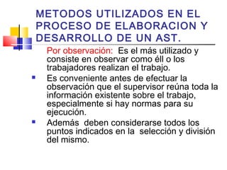 METODOS UTILIZADOS EN EL
PROCESO DE ELABORACION Y
DESARROLLO DE UN AST.
Por observación: Es el más utilizado y
consiste en observar como éll o los
trabajadores realizan el trabajo.
 Es conveniente antes de efectuar la
observación que el supervisor reúna toda la
información existente sobre el trabajo,
especialmente si hay normas para su
ejecución.
 Además deben considerarse todos los
puntos indicados en la selección y división
del mismo.
 