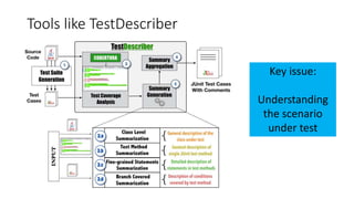 Tools like TestDescriber
Key issue:
Understanding
the scenario
under test
 