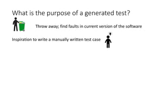 What is the purpose of a generated test?
Throw away; find faults in current version of the software
Inspiration to write a manually written test case
 