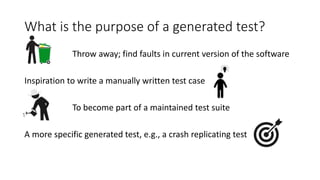 What is the purpose of a generated test?
Throw away; find faults in current version of the software
Inspiration to write a manually written test case
To become part of a maintained test suite
A more specific generated test, e.g., a crash replicating test
 