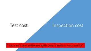 Test cost Inspection cost
“You can’t test software with your hands in your pants”
 