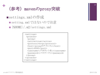 +
（参考）mavenのproxy突破
settings.xmlの作成
 setting.xmlではないので注意
 {%HOME}/.m2/settings.xml
2013/5/29astah*プラグイン開発勉強会
19
<settings>
<proxies>
<proxy>
<active>true</active>
<protocol>http</protocol>
<host>{proxyのアドレス}</host>
<port>8080</port>
<username>{アカウント名}</username>
<password>{パスワード}</password>
</proxy>
</proxies>
</settings>
 