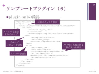 +
テンプレートプラグイン（６）
plugin.xmlの確認
2013/5/29astah*プラグイン開発勉強会
28
<?xml version="1.0" encoding="UTF-8"?>
<plugin>
<extension point="com.change_vision.astah.ui.actionSets">
<actionSet
label="%action_set_label"
visible="true"
id="com.example.SampleOfAstahPlugin.actionSet">
<menu
id="SampleOfAstahPlugin"
label="%menu_group"
path="tool/SampleOfAstahPlugin">
</menu>
<action
label="%menu_label"
icon="icons/sample.gif"
class="com.example.TemplateAction"
tooltip="%menu_tooltip"
menubarPath="tool/SampleOfAstahPlugin/"
id="SampleOfAstahPlugin">
</action>
</actionSet>
</extension>
</plugin>
拡張ポイントを指定
メニューを追加
するグループ
グループ
メニューを追加
メニューを追加
押下時に実施される
振る舞いを設定
 