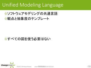 /33?2017 Shintaro Hosoai astah v㏊ 2017/07/14
Unified Modeling Language
եȥǥ󥰤ιͨZ
QȳȤΥƥץ`
٤Ƥ·ʹҪϤʤ
 