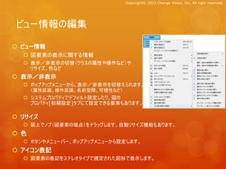 Copyright© 2012 Change Vision, Inc. All right reserved.




 ビュー情報の編集

 ビュー情報
   図要素の表示に関する情報
   表示／非表示の切替（クラスの属性や操作など）や
    リサイズ、色など
 表示／非表示
   ポップアップメニューから、表示／非表示を切替えられます。
    （属性区画、操作区画、名前空間、可視性など）
   システムプロパティでデフォルト設定したり、図の
    プロパティ[初期設定]タブにて設定できる要素もあります。

 リサイズ
   図上でノブ（図要素の端点）をドラッグします。自動リサイズ機能もあります。
 色
   ボタンやメニューバー、ポップアップメニューから設定します。
 アイコン表記
   図要素の表記をステレオタイプで規定された図形で表示します。
 