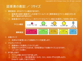 Copyright© 2012 Change Vision, Inc. All right reserved.



 図要素の表記 ／ リサイズ
 標準表記、またはアイコン表記があります。
   図要素を選択（複数可）した状態でツールバーの [標準表記][アイコン表記]ボタンを
    押して表記を切り替えます。
   図要素のポップアップメニュー（右クリック）から[アイコン表記]を選択して変更も可能です。

       アイコン表記



        標準表記

 自動リサイズ
   名前などの変更に応じて自動的にサイズを変更します。
 ドラッグしてリサイズ
   図要素のノブを選択してリサイズします。
   自動リサイズがＯＦＦになるため、名前変更などで自動リサイズしなくなります。
     （ユースケースは除く）
 折り返しと改行
   アイテムの幅に合わせて折り返します。
   テキスト、ノート、一部の図要素は Shift, Ctrl, Altのいずれかを押しながら
     Enterキーを押して改行できます。
 