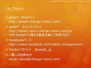 Copyright© 2012 Change Vision, Inc. All right reserved.




ウェブサイト

 astah* Webサイト
  http://astah.change-vision.com/
 astah* コミュニティサイト
  http://astah-users.change-vision.com/ja/
  UMLやastah*に関する意見交換にご利用ください。
 Facebookページ
  http://www.facebook.com/astah.changevision
 Twitterアカウント    @astah_ja
 ご購入のお問合せ
  astah-sales@change-vision.com
 