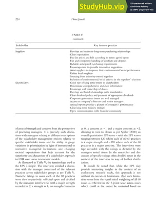 of areas of strength and concern from the perspective
of practicing managers. It is precisely such discus-
sions with managers relating to different conceptions
of the stakeholder management process relative to
specific stakeholder issues and the ability to gauge
variations in prioritization in light of instrumental vs
normative managerial inclinations and changing
societal expectations that help account for the
superiority and dynamism of a stakeholder approach
to CSR over more taxonomic models.
As illustrated in Table V, the terminology used in
the EPS is simple. The interview entailed a discus-
sion with the manager concerned of the relevant
practices across stakeholder groups as per Table V.
Numeric ratings to assess each of the 60 practices
were then respectively reflected upon and decided
by the managers interviewed, with a major strength
recorded as 2, a strength as 1, no strengths/concerns
as 0, a concern as )1 and a major concern as )2,
allowing in turn to obtain as per Spiller (2000) an
overall quantitative EPS score – with the EPS scores
ranging between 120 where each of the 60 practices
is a major strength and )120 where each of the 60
practices is a major concern. The interviews were
tape recorded with the ratings as dictated by the
managers noted down by the researcher and dis-
cussion of specific ratings often dwelled upon in the
context of the interview in way of further clarifi-
cation.
It should be noted that, while the EPS may
provide interesting insights in the context of an
exploratory research study, this approach is not
without its caveats or limitations. One such limita-
tion stems from the equal initial weighting of all 60
issues as reflected in the 5-point scale across issues
which could at the outset be contested based on
TABLE V
continued
Stakeholder Key business practices
Suppliers Develop and maintain long-term purchasing relationships
Clear expectations
Pay fair prices and bills according to terms agreed upon
Fair and competent handling of conflicts and disputes
Reliable anticipated purchasing requirements
Encouragement to provide innovative suggestions
Assist suppliers to improve their environmental/social performance
Utilize local suppliers
Sourcing from minority-owned suppliers
Inclusion of environmental/social criteria in the suppliers’ selection
Shareholders Good rate of long term return to shareholders
Disseminate comprehensive and clear information
Encourage staff ownership of shares
Develop and build relationships with shareholders
Clear dividend policy and payment of appropriate dividends
Corporate governance issues are well managed
Access to company’s directors and senior managers
Annual reports provide a picture of company’s performance
Clear long-term business strategy
Open communication with financial community
224 Dima Jamali
 