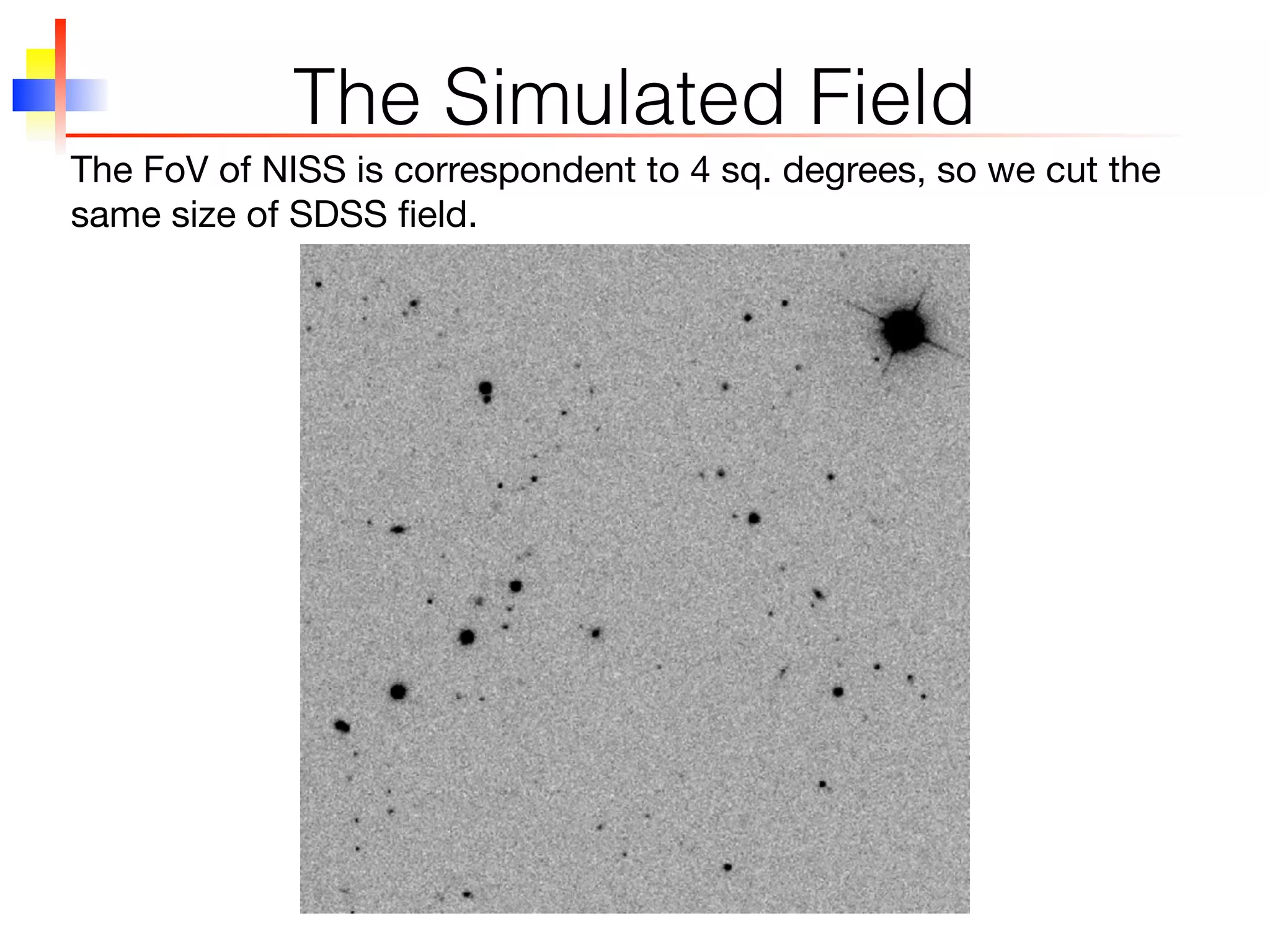 The Simulated Field
The FoV of NISS is correspondent to 4 sq. degrees, so we cut the
same size of SDSS ﬁeld.
 