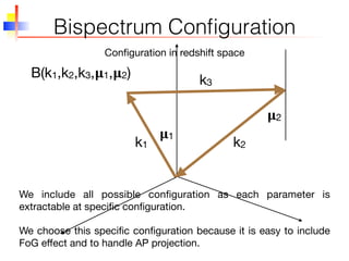 Bispectrum Conﬁguration
Conﬁguration in redshift space
k1 k2
k3
𝛍1
𝛍2
B(k1,k2,k3,𝛍1,𝛍2)
We choose this speciﬁc conﬁguration because it is easy to include
FoG eﬀect and to handle AP projection.
We include all possible conﬁguration as each parameter is
extractable at speciﬁc conﬁguration.
 