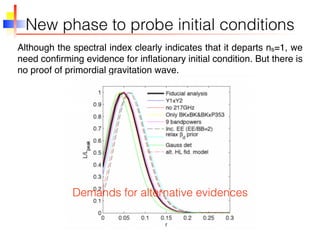 New phase to probe initial conditions
Although the spectral index clearly indicates that it departs ns=1, we
need conﬁrming evidence for inﬂationary initial condition. But there is
no proof of primordial gravitation wave.
Demands for alternative evidences
 