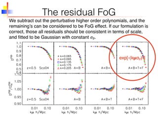 The residual FoG
We subtract out the perturbative higher order polynomials, and the
remaining’s can be considered to be FoG effect. If our formulation is
correct, those all residuals should be consistent in terms of scale,
and ﬁtted to be Gaussian with constant 𝜎p.
exp[-(k𝝻σp)2]
 