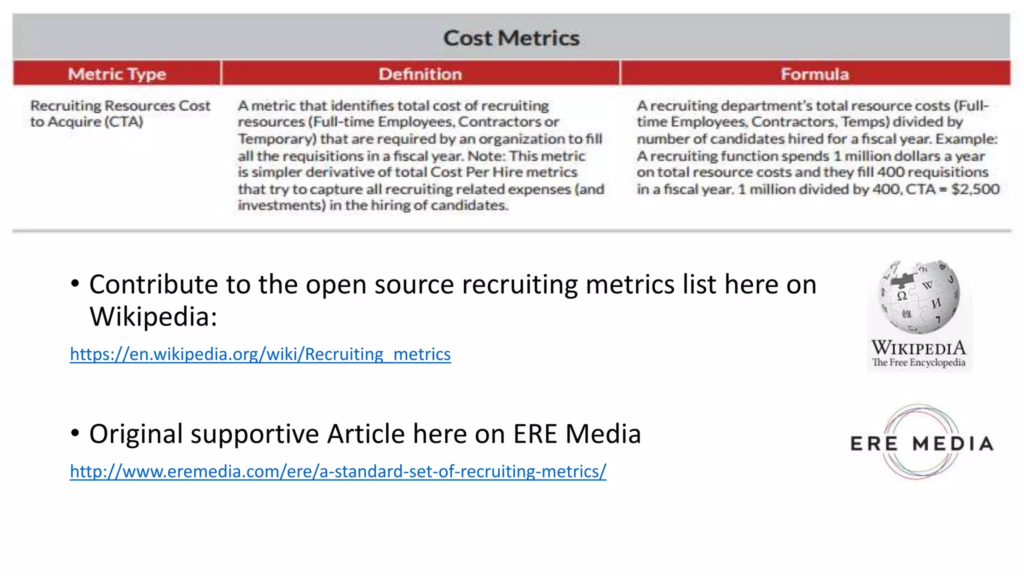 • Contribute to the open source recruiting metrics list here on
Wikipedia:
https://en.wikipedia.org/wiki/Recruiting_metrics
• Original supportive Article here on ERE Media
http://www.eremedia.com/ere/a-standard-set-of-recruiting-metrics/
 