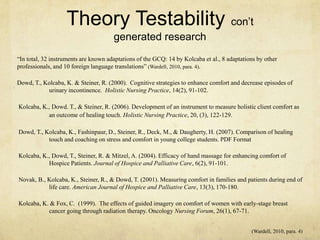 Theory Testability con’t
generated research
―In total, 32 instruments are known adaptations of the GCQ: 14 by Kolcaba et al., 8 adaptations by other
professionals, and 10 foreign language translations‖ (Wardell, 2010, para. 4).
Dowd, T., Kolcaba, K. & Steiner, R. (2000). Cognitive strategies to enhance comfort and decrease episodes of
urinary incontinence. Holistic Nursing Practice, 14(2), 91-102.
Kolcaba, K., Dowd. T., & Steiner, R. (2006). Development of an instrument to measure holistic client comfort as
an outcome of healing touch. Holistic Nursing Practice, 20, (3), 122-129.
Dowd, T., Kolcaba, K., Fashinpaur, D., Steiner, R., Deck, M., & Daugherty, H. (2007). Comparison of healing
touch and coaching on stress and comfort in young college students. PDF Format
Kolcaba, K., Dowd, T., Steiner, R. & Mitzel, A. (2004). Efficacy of hand massage for enhancing comfort of
Hospice Patients. Journal of Hospice and Palliative Care, 6(2), 91-101.
Novak, B., Kolcaba, K., Steiner, R., & Dowd, T. (2001). Measuring comfort in families and patients during end of
life care. American Journal of Hospice and Palliative Care, 13(3), 170-180.
Kolcaba, K. & Fox, C. (1999). The effects of guided imagery on comfort of women with early-stage breast
cancer going through radiation therapy. Oncology Nursing Forum, 26(1), 67-71.
(Wardell, 2010, para. 4)
 