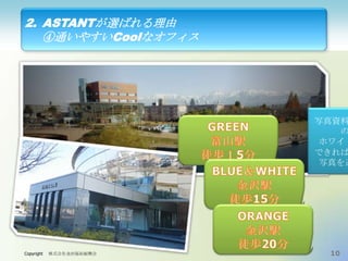2. ASTANTが選ばれる理由
④通いやすいCoolなオフィス

写真資料
の
ホワイト
できれば
写真を追

Copyright

株式会社金沢福祉振興会

10

 