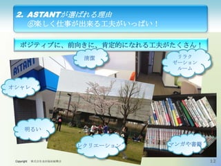 2. ASTANTが選ばれる理由
⑥楽しく仕事が出来る工夫がいっぱい！
ポジティブに、前向きに、肯定的になれる工夫がたくさん！
清潔

リラク
ゼーション
ルーム

オシャレ

明るい
レクリエーション
Copyright

株式会社金沢福祉振興会

マンガや書籍
12

 