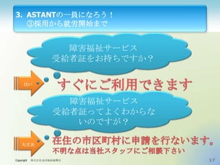3. ASTANTの一員になろう！
③採用から就労開始まで

障害福祉サービス
受給者証をお持ちですか？
はい

障害福祉サービス
受給者証ってよくわからな
いのですが？
大丈夫

Copyright

株式会社金沢福祉振興会

17

 