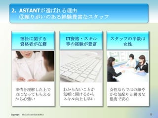 2. ASTANTが選ばれる理由
③頼りがいのある経験豊富なスタッフ

福祉に関する
資格者が在籍

事情を理解した上で
力になってもらえる
から心強い

Copyright

株式会社金沢福祉振興会

IT資格・スキル
等の経験が豊富

わからないことが
気軽に聞けるから
スキル向上も早い

スタッフの半数は
女性

女性ならではの細や
かな気配りと親切な
態度で安心

9

 