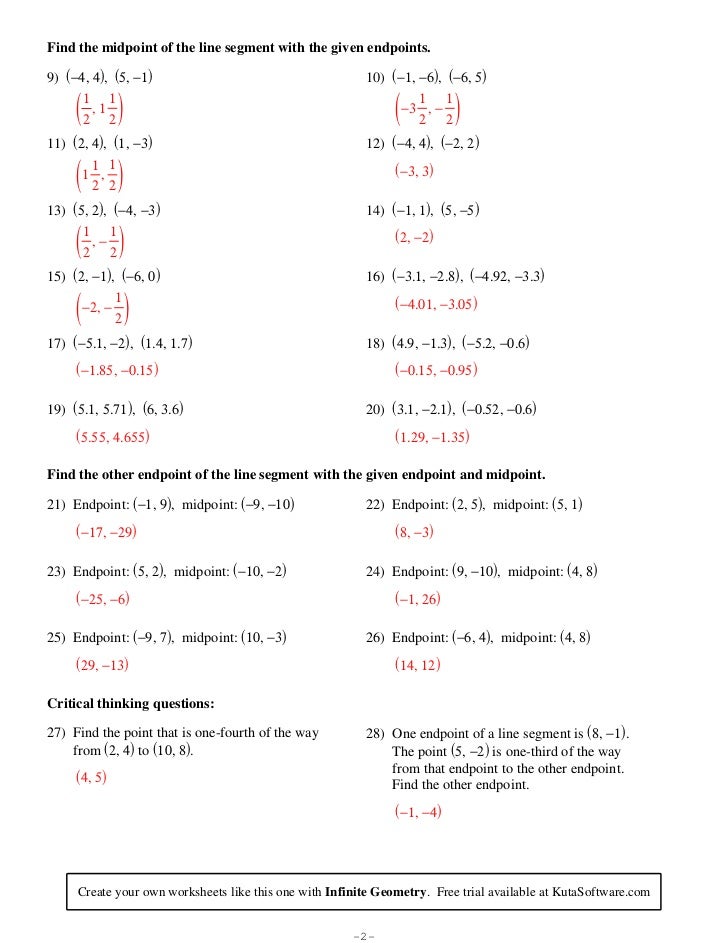 Distance And Midpoint Worksheet Answers