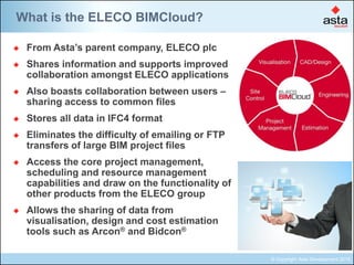 © Copyright Asta Development 2015
From Asta’s parent company, ELECO plc
Shares information and supports improved
collaboration amongst ELECO applications
Also boasts collaboration between users –
sharing access to common files
Stores all data in IFC4 format
Eliminates the difficulty of emailing or FTP
transfers of large BIM project files
Access the core project management,
scheduling and resource management
capabilities and draw on the functionality of
other products from the ELECO group
Allows the sharing of data from
visualisation, design and cost estimation
tools such as Arcon® and Bidcon®
What is the ELECO BIMCloud?
 