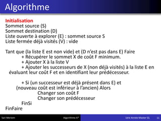 Algorithme
11
Initialisation
Sommet source (S)
Sommet destination (D)
Liste ouverte à explorer (E) : sommet source S
Liste fermée déjà visités (V) : vide
Tant que (la liste E est non vide) et (D n’est pas dans E) Faire
+ Récupérer le sommet X de coût F minimum.
+ Ajouter X à la liste V
+ Ajouter les successeurs de X (non déjà visités) à la liste E en
évaluant leur coût F et en identifiant leur prédécesseur.
+ Si (un successeur est déjà présent dans E) et
(nouveau coût est inférieur à l’ancien) Alors
Changer son coût F
Changer son prédécesseur
FinSi
FinFaire
Sari Meriem Algorithme A* 1ére Année Master GL
 