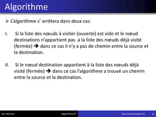 Algorithme
12
 L’algorithme s’ arrêtera dans deux cas:
I. Si la liste des nœuds à visiter (ouverte) est vide et le nœud
destinations n’appartient pas à la liste des nœuds déjà visité
(fermée)  dans ce cas il n’y a pas de chemin entre la source et
la destination.
II. Si le nœud destination appartient à la liste des nœuds déjà
visité (fermée)  dans ce cas l’algorithme a trouvé un chemin
entre la source et la destination.
Sari Meriem Algorithme A* 1ére Année Master GL
 