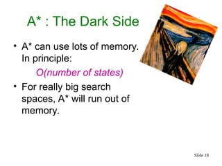 Slide 18
A* : The Dark Side
• A* can use lots of memory.
In principle:
O(number of states)
• For really big search
spaces, A* will run out of
memory.
 