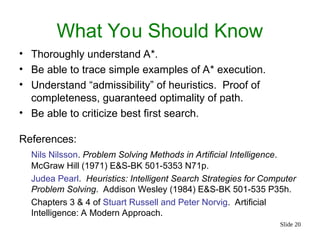 Slide 20
What You Should Know
• Thoroughly understand A*.
• Be able to trace simple examples of A* execution.
• Understand “admissibility” of heuristics. Proof of
completeness, guaranteed optimality of path.
• Be able to criticize best first search.
References:
Nils Nilsson. Problem Solving Methods in Artificial Intelligence.
McGraw Hill (1971) E&S-BK 501-5353 N71p.
Judea Pearl. Heuristics: Intelligent Search Strategies for Computer
Problem Solving. Addison Wesley (1984) E&S-BK 501-535 P35h.
Chapters 3 & 4 of Stuart Russell and Peter Norvig. Artificial
Intelligence: A Modern Approach.
 