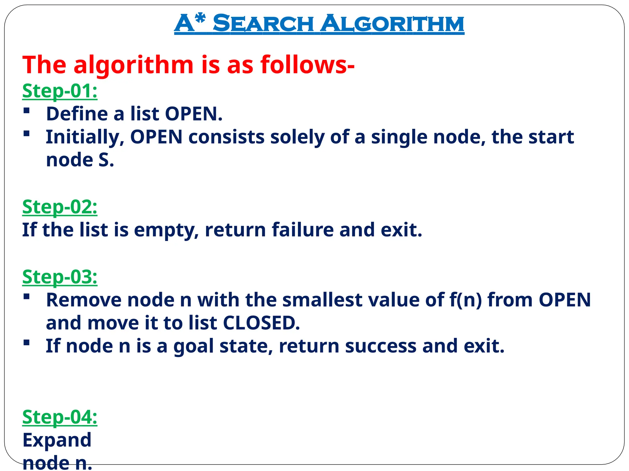 A* Search Algorithm
The algorithm is as follows-
Step-01:
 Define a list OPEN.
 Initially, OPEN consists solely of a single node, the start
node S.
Step-02:
If the list is empty, return failure and exit.
Step-03:
 Remove node n with the smallest value of f(n) from OPEN
and move it to list CLOSED.
 If node n is a goal state, return success and exit.
Step-04:
Expand
node n.
 
