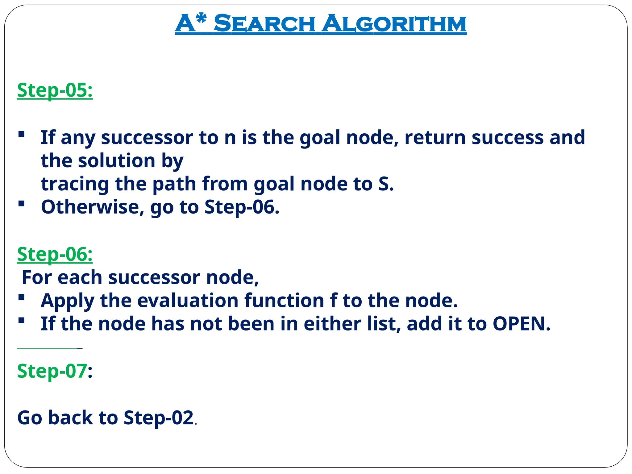 A* Search Algorithm
Step-05:
 If any successor to n is the goal node, return success and
the solution by
tracing the path from goal node to S.
 Otherwise, go to Step-06.
Step-06:
For each successor node,
 Apply the evaluation function f to the node.
 If the node has not been in either list, add it to OPEN.
Step-07:
Go back to Step-02.
 