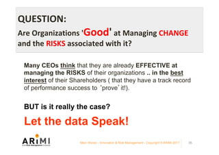 QUESTION:		
Are	Organizations	'Good'	at	Managing	CHANGE	
and	the	RISKS	associated	with	it?	
Many CEOs think that they are already EFFECTIVE at
managing the RISKS of their organizations .. in the best
interest of their Shareholders ( that they have a track record
of performance success to ‘prove’it!).
BUT is it really the case?
Let the data Speak!
Marc Ronez - Innovation & Risk Management - Copyright © ARiMI 2017 35
 