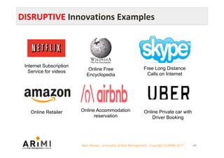 DISRUPTIVE	Innovations	Examples	
Marc Ronez - Innovation & Risk Management - Copyright © ARiMI 2017 48
Internet Subscription
Service for videos
Online Free
Encyclopedia
Free Long Distance
Calls on Internet
Online Retailer Online Accommodation
reservation
Online Private car with
Driver Booking
 