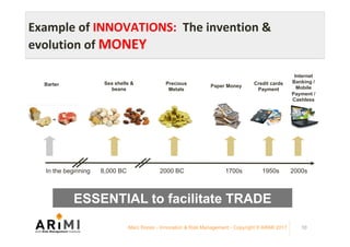 Example	of	INNOVATIONS:		The	invention	&	
evolution	of	MONEY	
Marc Ronez - Innovation & Risk Management - Copyright © ARiMI 2017 10
In the beginning 8,000 BC 2000 BC 1700s 1950s 2000s
Precious
Metals
Barter Paper Money
Internet
Banking /
Mobile
Payment /
Cashless
Sea shells &
beans
Credit cards
Payment
ESSENTIAL to facilitate TRADE
 