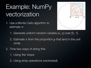 Example: NumPy
vectorization
1. Use a Monte Carlo algorithm to
   estimate π:

   1. Generate uniform random variates (x,%...
