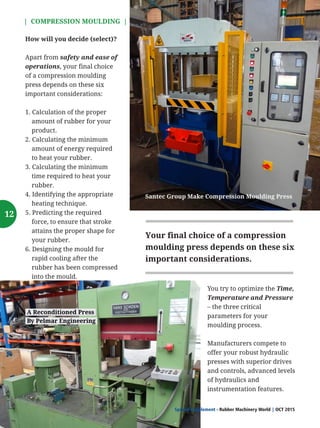 | COMPRESSION MOULDING |
Special Supplement - Rubber Machinery World OCT 2015|
How will you decide (select)?
Apart from safety and ease of
operations, your final choice
of a compression moulding
press depends on these six
important considerations:
1. Calculation of the proper
amount of rubber for your
product.
2. Calculating the minimum
amount of energy required
to heat your rubber.
3. Calculating the minimum
time required to heat your
rubber.
4. Identifying the appropriate
heating technique.
5. Predicting the required
force, to ensure that stroke
attains the proper shape for
your rubber.
6. Designing the mould for
rapid cooling after the
rubber has been compressed
into the mould.
You try to optimize the Time,
Temperature and Pressure
– the three critical
parameters for your
moulding process.
Manufacturers compete to
offer your robust hydraulic
presses with superior drives
and controls, advanced levels
of hydraulics and
instrumentation features.
A Reconditioned Press
By Pelmar Engineering
Your final choice of a compression
moulding press depends on these six
important considerations.
12
Santec Group Make Compression Moulding Press
 