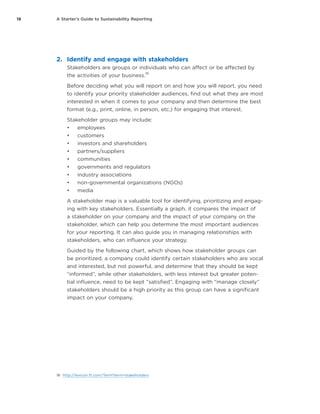 18 A Starter’s Guide to Sustainability Reporting
2.	 Identify and engage with stakeholders
Stakeholders are groups or individuals who can affect or be affected by
the activities of your business.
16
Before deciding what you will report on and how you will report, you need
to identify your priority stakeholder audiences, find out what they are most
interested in when it comes to your company and then determine the best
format (e.g., print, online, in person, etc.) for engaging that interest.
Stakeholder groups may include:
•	 employees
•	 customers
•	 investors and shareholders
•	 partners/suppliers
•	 communities
•	 governments	and regulators
•	 industry associations
•	 non-governmental organizations (NGOs)
•	 media
A stakeholder map is a valuable tool for identifying, prioritizing and engag-
ing with key stakeholders. Essentially a graph, it compares the impact of
a stakeholder on your company and the impact of your company on the
stakeholder, which can help you determine the most important audiences
for your reporting. It can also guide you in managing relationships with
stakeholders, who can influence your strategy.
Guided by the following chart, which shows how stakeholder groups can
be prioritized, a company could identify certain stakeholders who are vocal
and interested, but not powerful, and determine that they should be kept
“informed”, while other stakeholders, with less interest but greater poten-
tial influence, need to be kept “satisfied”. Engaging with “manage closely”
stakeholders should be a high priority as this group can have a significant
impact on your company.
16	 http://lexicon.ft.com/Term?term=stakeholders
 