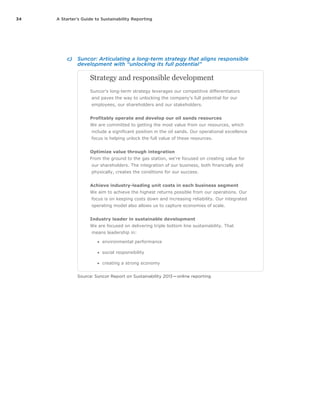 34 A Starter’s Guide to Sustainability Reporting
c)	 Suncor: Articulating a long-term strategy that aligns responsible
development with “unlocking its full potential”
http://sustainability.suncor.com/2013/en/about/vision-strategy.aspx[12/16/2013 2:58:46 PM]
Being our best. Giving our best. Showing we care.
Do the right thing
The right way, with integrity.
Raise the bar
Pursue with passion. Always add value.
Commitments matter
We are all connected and part of something bigger.
Strategy and responsible development
Suncor's long-term strategy leverages our competitive differentiators
and paves the way to unlocking the company's full potential for our
employees, our shareholders and our stakeholders.
Profitably operate and develop our oil sands resources
We are committed to getting the most value from our resources, which
include a significant position in the oil sands. Our operational excellence
focus is helping unlock the full value of these resources.
Optimize value through integration
From the ground to the gas station, we're focused on creating value for
our shareholders. The integration of our business, both financially and
physically, creates the conditions for our success.
Achieve industry-leading unit costs in each business segment
We aim to achieve the highest returns possible from our operations. Our
focus is on keeping costs down and increasing reliability. Our integrated
operating model also allows us to capture economies of scale.
Industry leader in sustainable development
We are focused on delivering triple bottom line sustainability. That
means leadership in:
environmental performance
social responsibility
creating a strong economy
One world. One future.
Actions speak louder than words. And while our vision statement has
evolved, our commitment to sustainable development remains
steadfast.
Here are a few concrete initiatives where we have put the principles of
sustainable development into practice:
Source: Suncor Report on Sustainability 2013 — online reporting
 